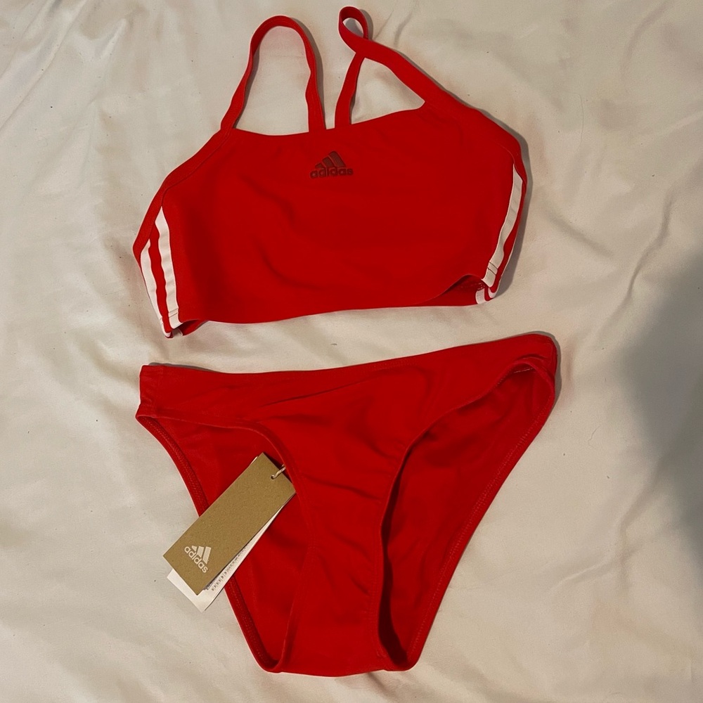 Adidas swimwear red and white 3 stripe bikini top and bottom set NWT